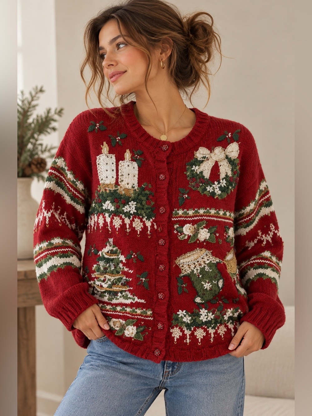 Vintage 90s Carolina Colours Christmas Cardigan Beaded Embroidered Sweater Red M